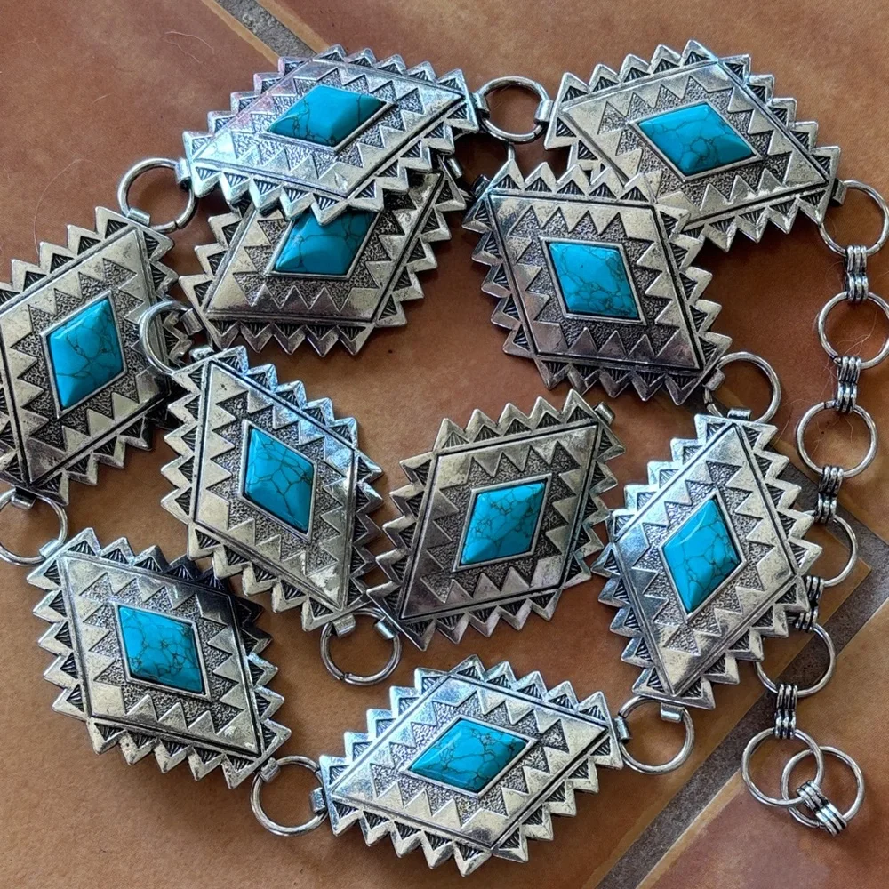 Aztec style silver tone belt